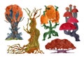 Magic trees set. Fantasy forest design elements collection. Abstract cartoon trees and plants different shape and color