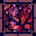 Magic undersea world. Silk scarf with tropical motifs.