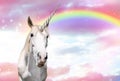 Magic unicorn in beautiful sky with rainbow and fluffy clouds. Fantasy world Royalty Free Stock Photo