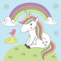 Magic unicorn and bird under the rainbow Royalty Free Stock Photo