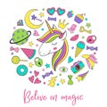 Magic unicorn and collection cute stickers