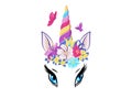 Magic unicorn with colorful horn and manes icon, decor for girl room interior or birthday, badge or sticker, vector Royalty Free Stock Photo