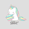 Magic Unicorn Eat Sweet Birthday Cake Poster Print. Cute Greeting Card Template with Adorable Happy Fancy Horse. Can be Royalty Free Stock Photo