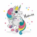 Magic unicorn. Fairy pony. Rainbow mane. Cartoon-style. Vector.