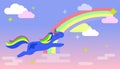 Magic Unicorn flies across the sky with a rainbow and clouds. Vector illustration. Royalty Free Stock Photo