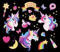 Magic unicorn icon set with magic wand, stars with rainbow, diamonds, crown, crescent, heart, butterfly, decor for girl