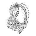 Magic unicorn with a long mane and roses and stars. Black and white image. Vector Royalty Free Stock Photo