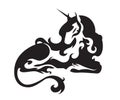 Magic unicorn. Ornate vector animal illustration, black silhouette of horse with horn for tattoo isolated on white background Royalty Free Stock Photo