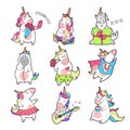 Magic unicorn stickers set. Trendy rainbow unicorn patches pack with different emotions, different characters in costumes