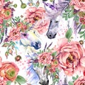 Magic unicorn watercolor pattern. roses flowers seamless background Royalty Free Stock Photo