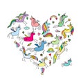 Magic unicorns collection, heart shape for your design