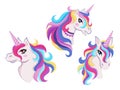 Magic unicorns with colorful horns and manes icon set, decor for girl room interior or birthday, badge or sticker Royalty Free Stock Photo