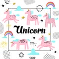 Magic Unicorns Hand Drawn Design. Childish Fairytale Background for Poster, Greeting Card, Decoration, Cover