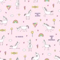 Magic unicorns seamless pattern isolated on pink background.