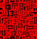 Magic unlucky number thirteen, typographical seamless background with black 13 on red area