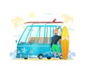 Magic van with surf board and man. The Joyful Surfer standing near surf bus. Surfing time Summer vacation. Vector