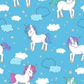 Magic vector fairytale seamless pattern with cute colorful unicorns, clouds and stars