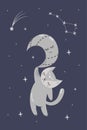 Cute cat hanging on the moon. The constellation of the big bear. Cute sleeping moon. Royalty Free Stock Photo