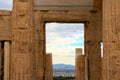 Magic view of vibrant blue sky through ancient ruins of A Propylaea Propylea or Propylaia.