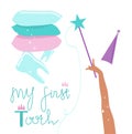 Lettering of My first tooth.Tooth fairy holding magic wand with star.Milk teeth under a stack of pillows.