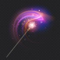 Magic wand with glowing swirl and sparkles isolated on transparent background. The magic scepter with stardust Royalty Free Stock Photo