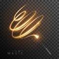 Magic wand with golden glowing shiny trail.  Isolated on black transparent background. Royalty Free Stock Photo