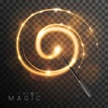 Magic wand with golden glowing shiny trail.  Isolated on black transparent background. Royalty Free Stock Photo