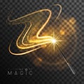 Magic wand with golden glowing shiny trail. Isolated on black transparent background. Royalty Free Stock Photo