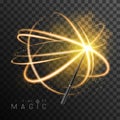 Magic wand with golden glowing shiny trail.  Isolated on black transparent background. Royalty Free Stock Photo