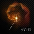 Magic wand with golden glowing shiny trail.  Isolated on black transparent background. Royalty Free Stock Photo