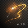 Magic wand with golden glowing shiny trail.  Isolated on black transparent background. Royalty Free Stock Photo