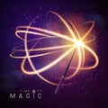 Magic wand with golden neon glowing shiny trail on abstract space background.