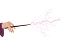 Magic wand. Hand holding a wand on a white background. Lightning Royalty Free Stock Photo