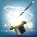 Magic wand and hat on a bright background. Focus and illusion. S Royalty Free Stock Photo