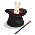 Magic wand, hat and bunny for a magic trick. Royalty Free Stock Photo