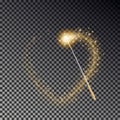 Magic wand with heart trail vector. Transparent miracle stick with glow yellow light tail isolated on dark background. Magic wand Royalty Free Stock Photo