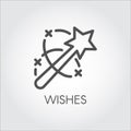 Magic wand icon. Flat simple label drawn in line art style. Simple logo or button. Vector contour pictograph