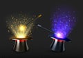 Magic wand and magician hat with spell light Royalty Free Stock Photo