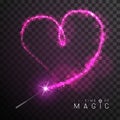 Magic wand with pink glowing shiny trail like love heart. Isolated on black transparent background. Royalty Free Stock Photo