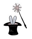 Magic wand and top hat with rabbit ears, simple hand drawn vector illustration for circus. Design element for show tricks,