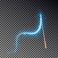 Magic wand vector. Transparent miracle stick with glow blue light tail isolated on dark background.