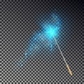 Magic wand vector. Transparent miracle stick with glow blue light tail isolated on dark background. Royalty Free Stock Photo