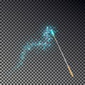 Magic wand vector. Transparent miracle stick with glow blue light tail isolated on dark background. Royalty Free Stock Photo