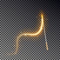 Magic wand vector. Transparent miracle stick with glow yellow light tail isolated on dark background Royalty Free Stock Photo