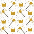 Magic wands and glittering crowns. Fashion seamless pattern, background. Template for fabric, prints, surface design Royalty Free Stock Photo