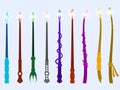 Magic wands. Magic crystal and magical objects. Wizard tool. Vector