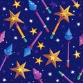 Magic wands and star pattern on a deep blue background, whimsical fantasy design Royalty Free Stock Photo