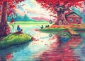 Magic watercolor landscape painting art with pink trees, lake, fishing lodge, fantasy forest, hand drawn nature illustration art