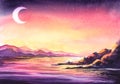 Magic watercolor landscape of river at dusk. Starry colorful sky with young moon above slow flow with colorful ripples between