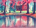 Magic watercolor nature landscape with red house and pond in autumn or summer forest. Hand drawn outdoors garden illustration art Royalty Free Stock Photo